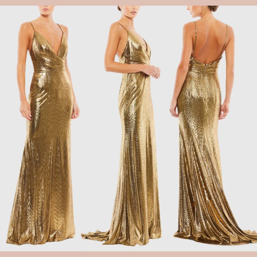 NWT MAC DUGGAL [ 6 ] 26408 Metallic Faux Wrap Spaghetti Strap Gown Bronze #J1808
